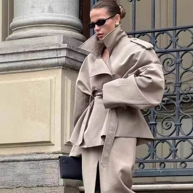 Za Aliexpress Popular Cross-Border European And American Style Women's Loose Casual Lapel Long-Sleeved Lace-Up Short Windbreaker Jacket