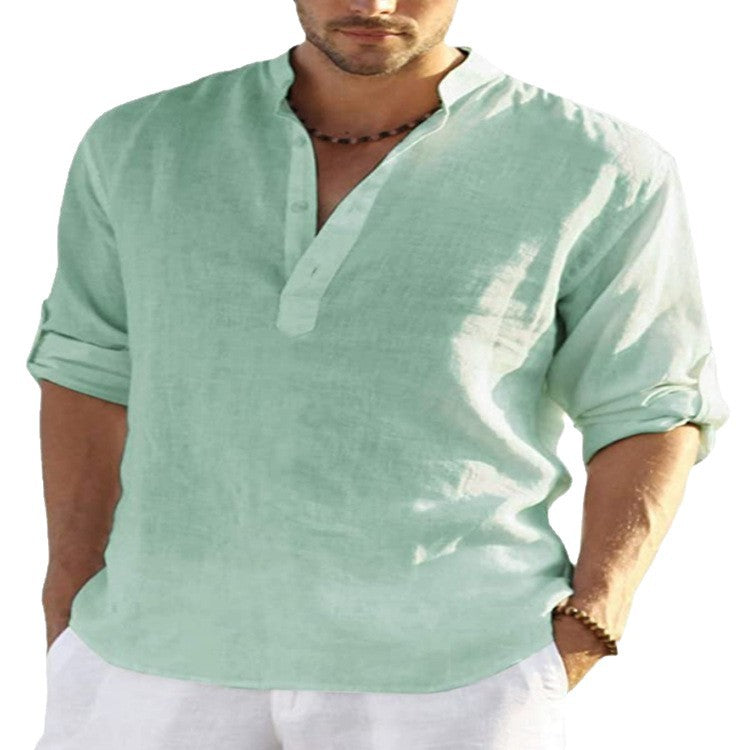 2022 Foreign Trade Men's Linen Long-sleeved T-shirt Loose T-shirt Solid Color Long-sleeved Cotton Linen Shirt Men's Large Size Hair