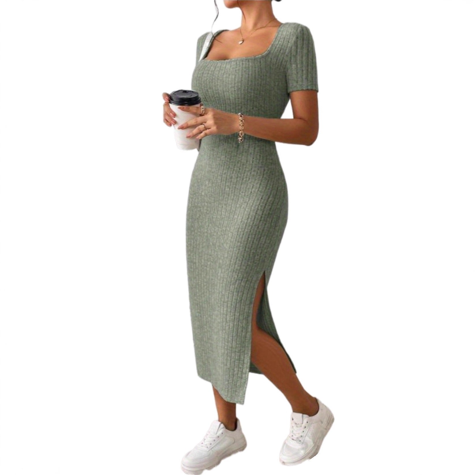 Summer New Cross-border Women's Fashion Square Collar Sexy Slim-fit Split Hip Dress Women's European And American Foreign Trade Soft Waxy