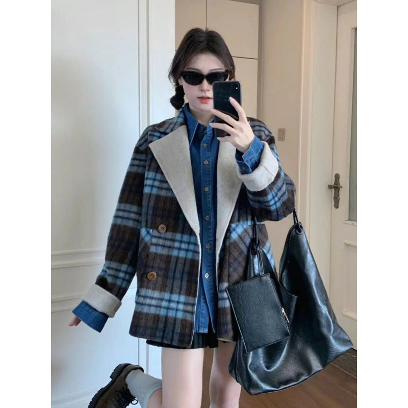 Wearing Plaid Woolen Coat On Both Sides, Women's Winter Temperament Is Advanced, Thickened And Warm, Super Good-looking Explosions Woolen Cloth...