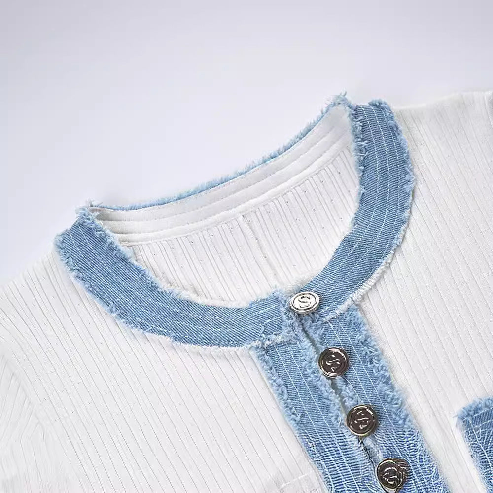 French New Style Short-Sleeved Denim Knitted Dress, Simple And Elegant Long Skirt, Slim Fit Dress