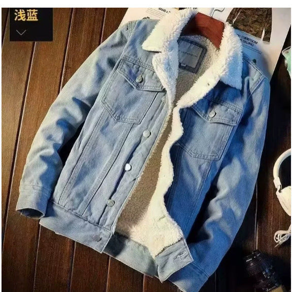 2023 Winter Fleece-lined Thickened Lamb Velvet Denim Jacket Men's Korean Style Fashionable Loose Jacket Fashionable Brand Japanese Style Top