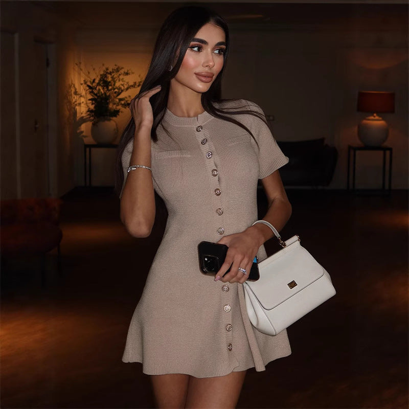 Cross-border Foreign Trade Women's 2025 Summer New Temperament Round Neck-breasted Color Knitted Dress Skirt