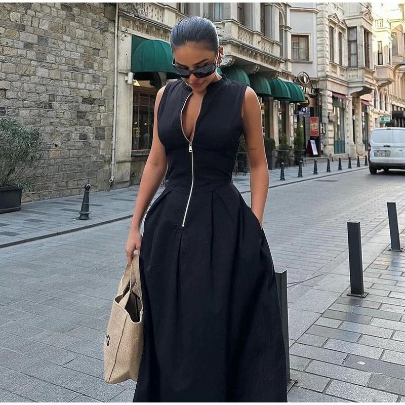 2024 European And American Cross-border High Waist Solid Color Sleeveless Zipper Dress Fashion Slim-fit Commuter Dress