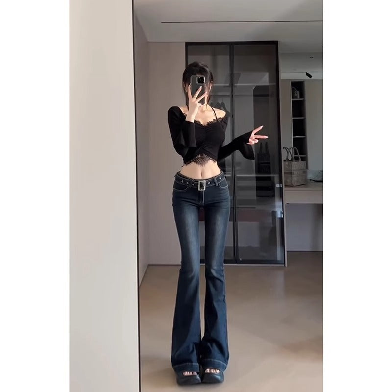 Dark Blue Low Waist Slim-fit Hot Girl Sweet Style Micro-flare Jeans Women's Slim Look Tall Lengthen Long Pants