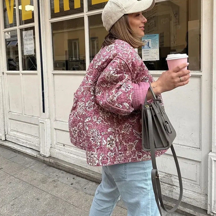 24 YSJ Cross-border European And American Women's AliExpress Explosions Crewneck Cardigan Flower Pattern Cotton Jacket