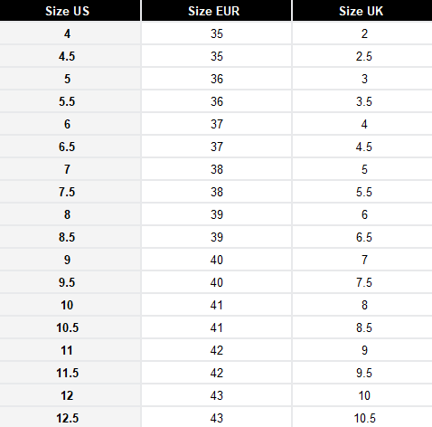 Table showing size conversions between US, EUR, and UK shoe sizes.