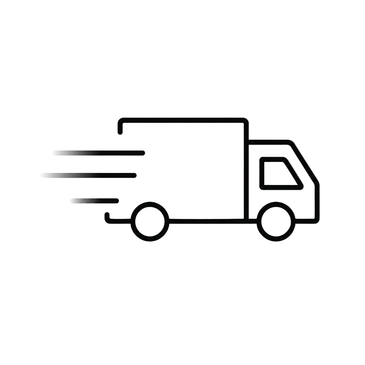 A simple black line icon of a delivery truck with motion lines on a plain white background.
