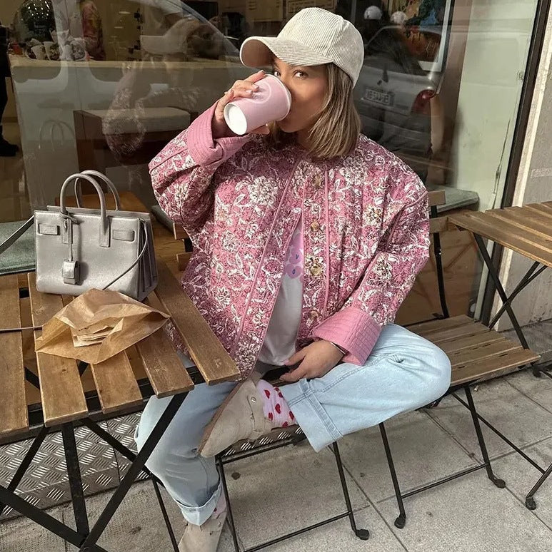 24 YSJ Cross-border European And American Women's AliExpress Explosions Crewneck Cardigan Flower Pattern Cotton Jacket