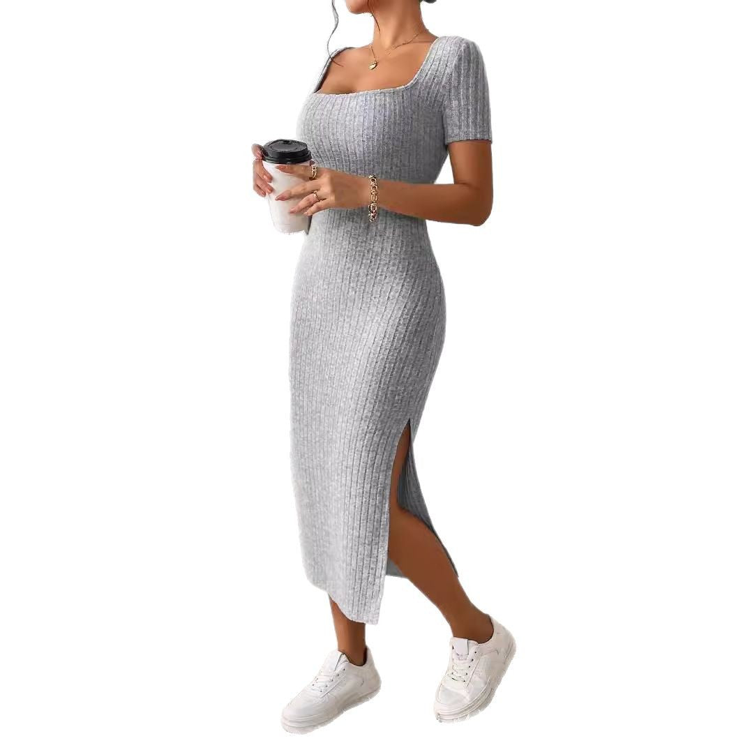 Summer New Cross-border Women's Fashion Square Collar Sexy Slim-fit Split Hip Dress Women's European And American Foreign Trade Soft Waxy