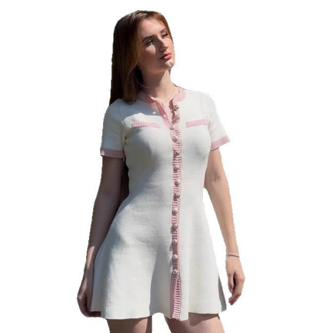 Cross-border Foreign Trade Women's 2025 Summer New Temperament Round Neck-breasted Color Knitted Dress Skirt