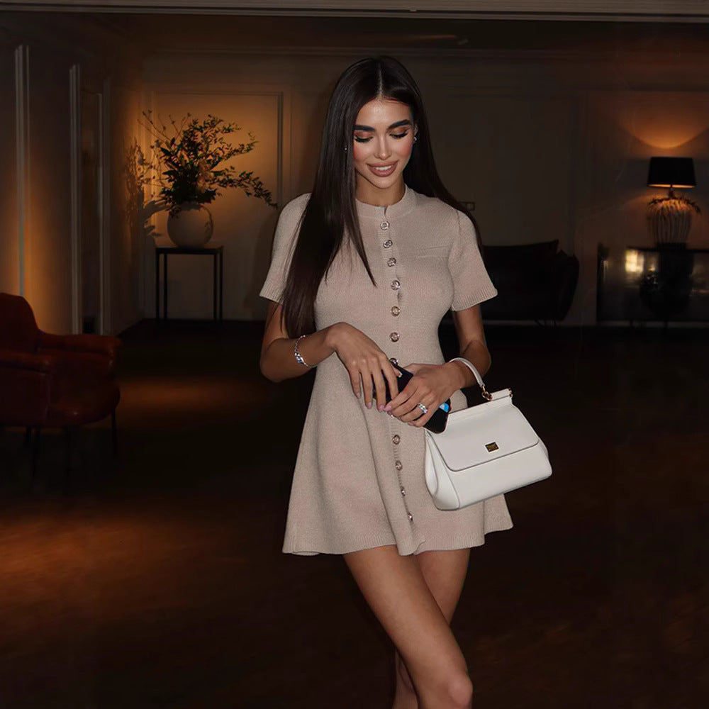 Cross-border Foreign Trade Women's 2025 Summer New Temperament Round Neck-breasted Color Knitted Dress Skirt