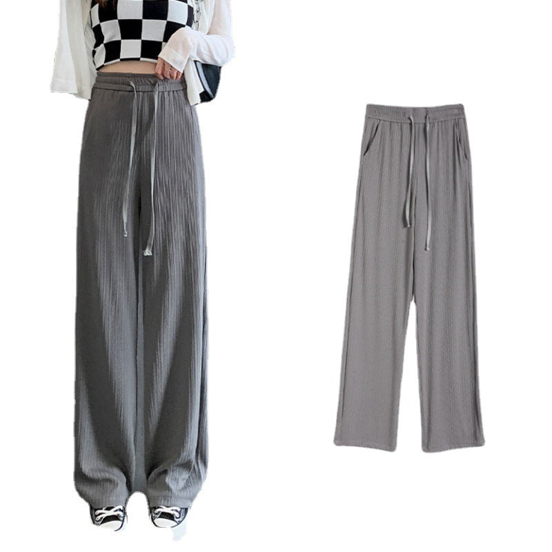 Pink Ice Silk Wide-Leg Pants Women's Summer Thin Narrow Version Spring And Autumn Short Draping Straight Striped Casual Pants