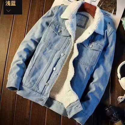 2023 Winter Fleece-lined Thickened Lamb Velvet Denim Jacket Men's Korean Style Fashionable Loose Jacket Fashionable Brand Japanese Style Top
