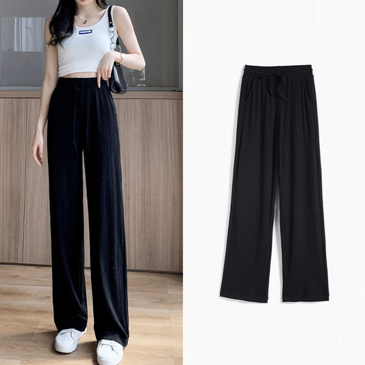 Pink Ice Silk Wide-Leg Pants Women's Summer Thin Narrow Version Spring And Autumn Short Draping Straight Striped Casual Pants