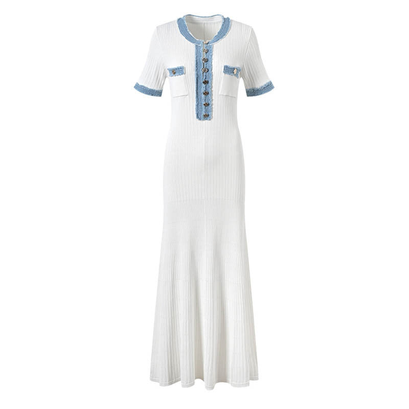French New Style Short-Sleeved Denim Knitted Dress, Simple And Elegant Long Skirt, Slim Fit Dress