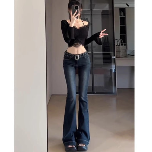 Dark Blue Low Waist Slim-fit Hot Girl Sweet Style Micro-flare Jeans Women's Slim Look Tall Lengthen Long Pants