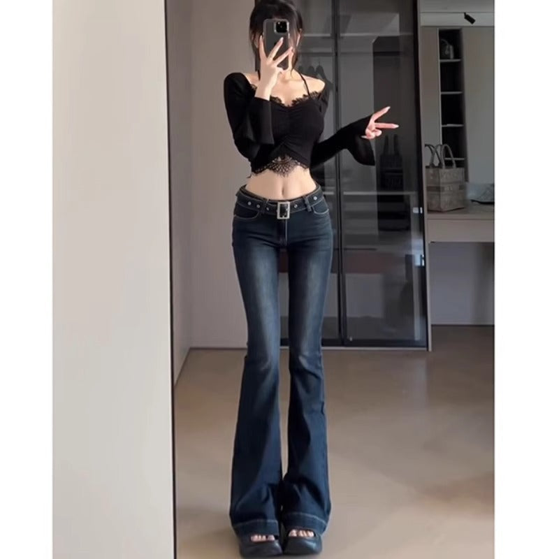 Dark Blue Low Waist Slim-fit Hot Girl Sweet Style Micro-flare Jeans Women's Slim Look Tall Lengthen Long Pants