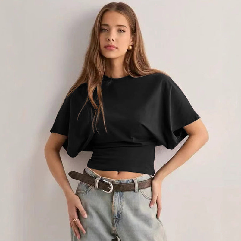 European And American Cross-border 2025 Summer Women's Wear Design Crewneck Pullover Short-sleeved T-shirt All-match Solid Color Loose Top For Women