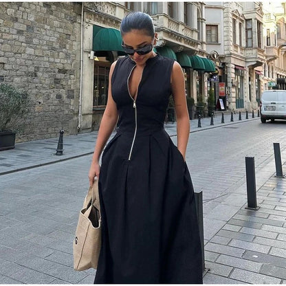 2024 European And American Cross-border High Waist Solid Color Sleeveless Zipper Dress Fashion Slim-fit Commuter Dress