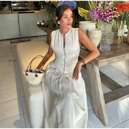 2024 European And American Cross-border High Waist Solid Color Sleeveless Zipper Dress Fashion Slim-fit Commuter Dress
