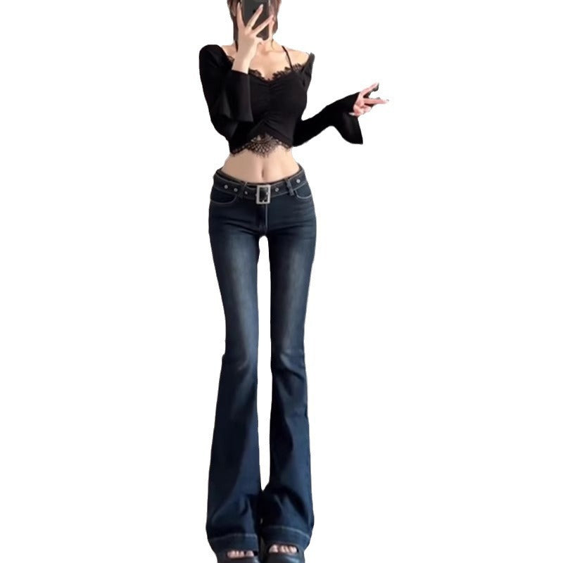 Dark Blue Low Waist Slim-fit Hot Girl Sweet Style Micro-flare Jeans Women's Slim Look Tall Lengthen Long Pants
