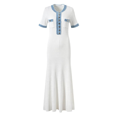 French New Style Short-Sleeved Denim Knitted Dress, Simple And Elegant Long Skirt, Slim Fit Dress