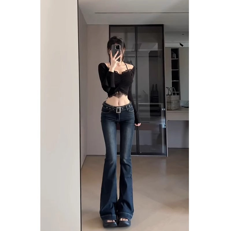 Dark Blue Low Waist Slim-fit Hot Girl Sweet Style Micro-flare Jeans Women's Slim Look Tall Lengthen Long Pants