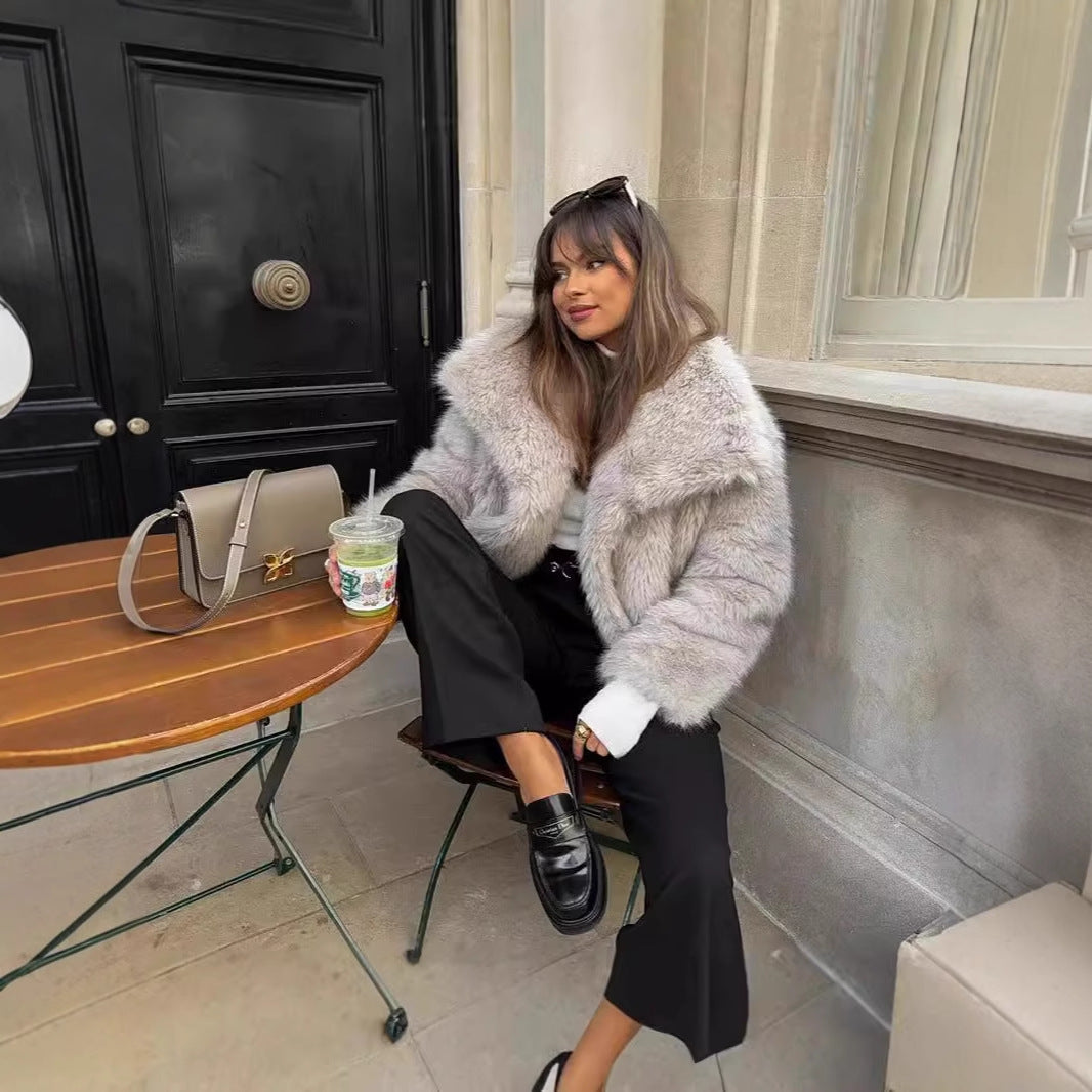 Amazon European And American Cross-Border Wholesale 2025 Autumn And Winter Women's Pure Color Artificial Fur Lapel Outwear Women's Outwear